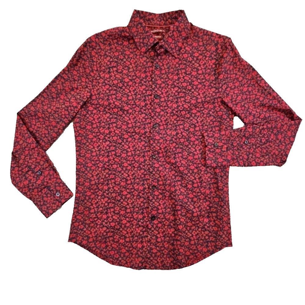 Axist Shirt Men's Small Slim Fit Long Sleeve Stretch Button Up Red Black‎ Floral